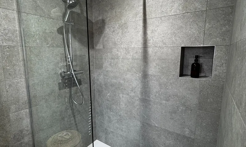 Level-access shower in a Horsham annex we converted, with a glass screen, a tray set flush with the floor and a recessed niche