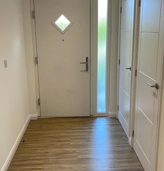 Entrance hall with wood-effect flooring and new white internal doors